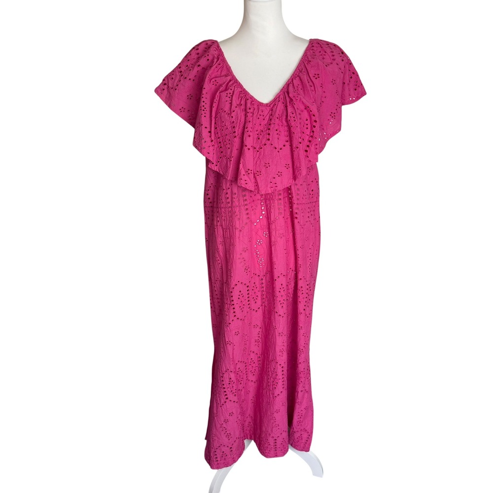 Tucker Nuck Pink Eyelet Ruffle V-Neck Midi Dress Kaftan Womens Small Cotton
